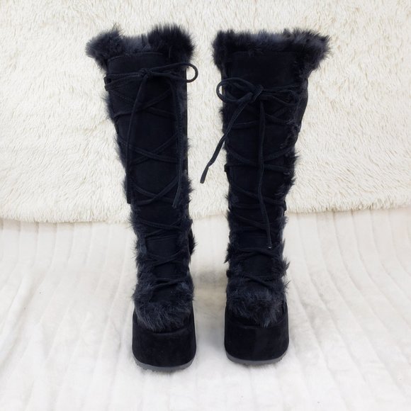 Camel 311 Black furry goth punk Platform Knee Boot - Picture 8 of 10